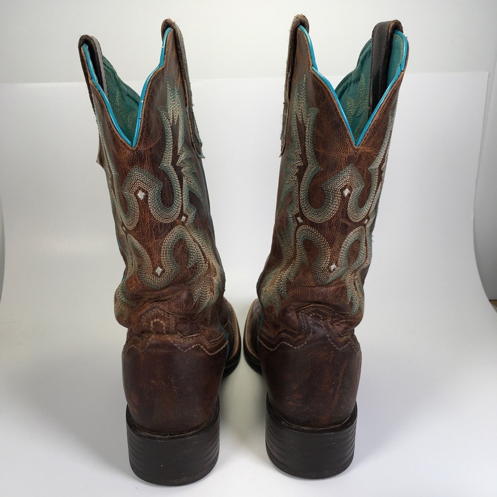 Ariat Brown Leather Western Boots with Turquoise Stitching - Picture 3 of 8